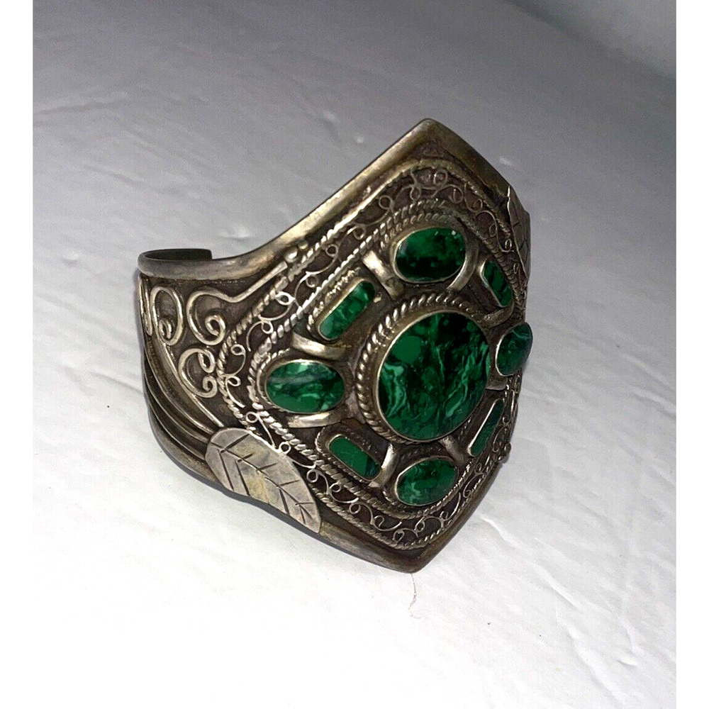 Malachite extra wide cuff bracelet 9 Green Stones Southwest cab for 8 inch wrist